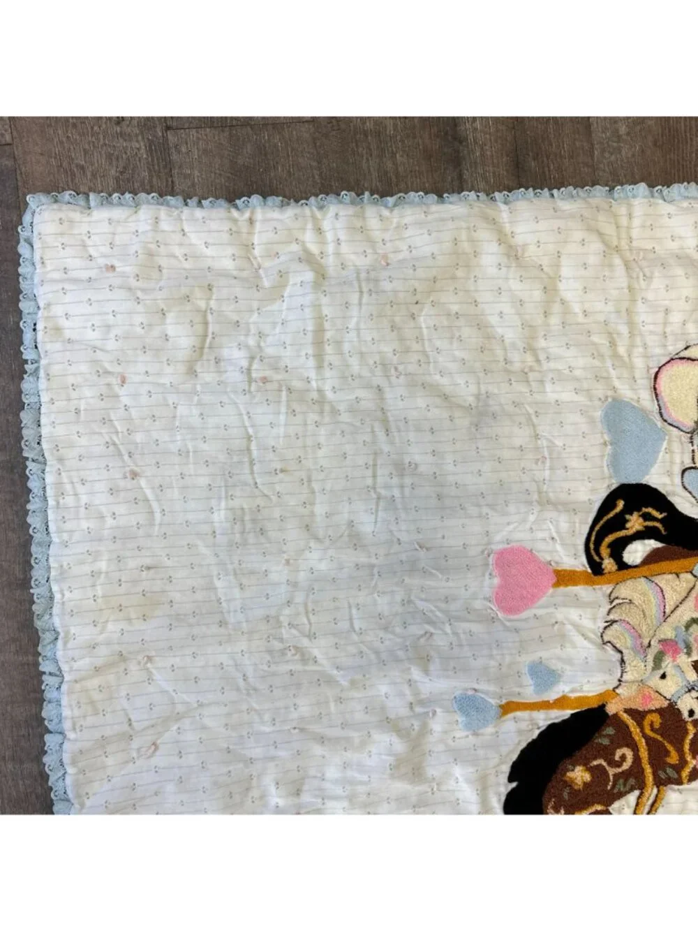 Vintage 80s Kawaii Pastel Carousel Horse Chenille Baby Blanket Hearts Coquette